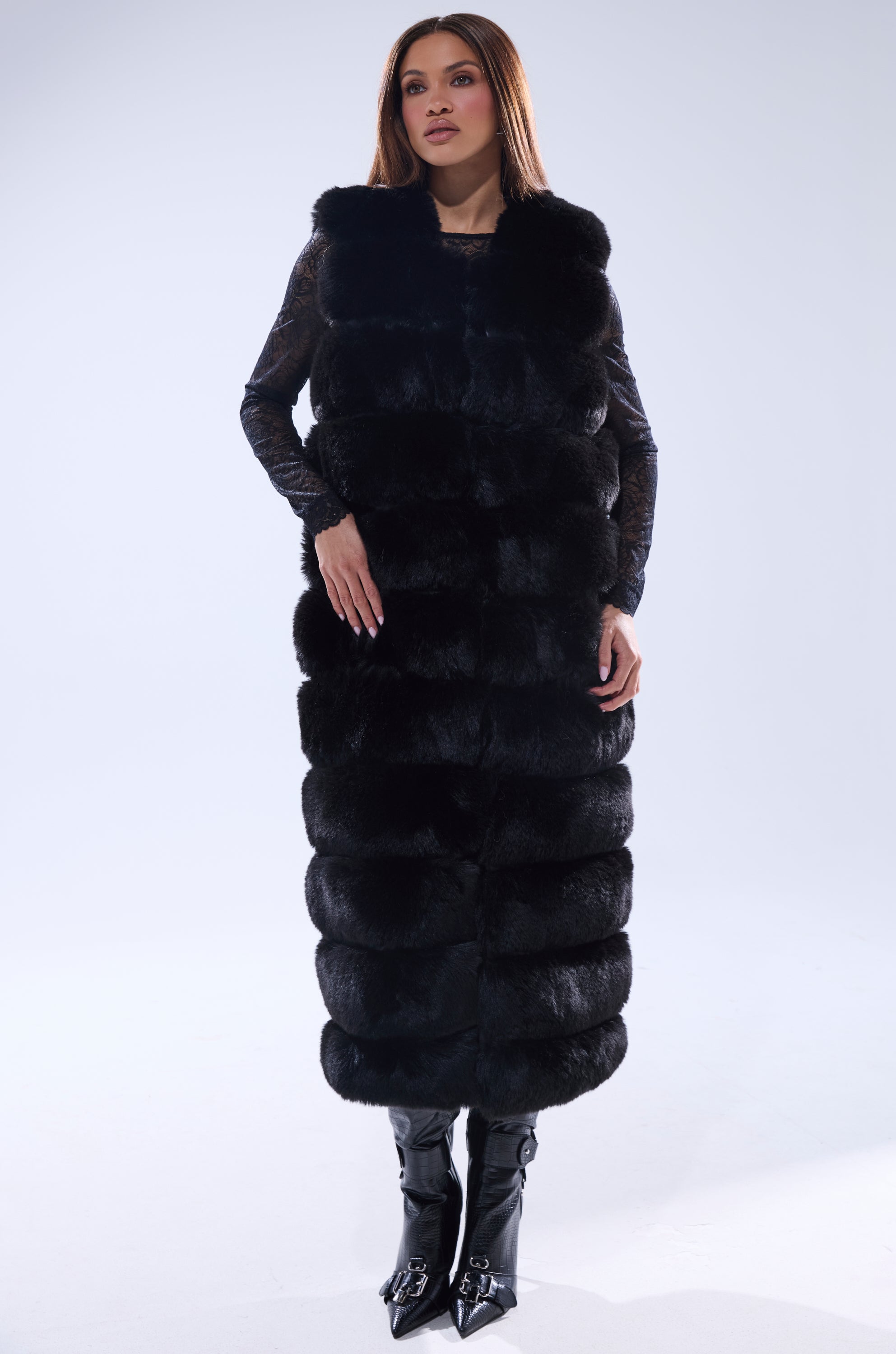 JENNY LIN FAUX FUR MAXI VEST IN BLACK