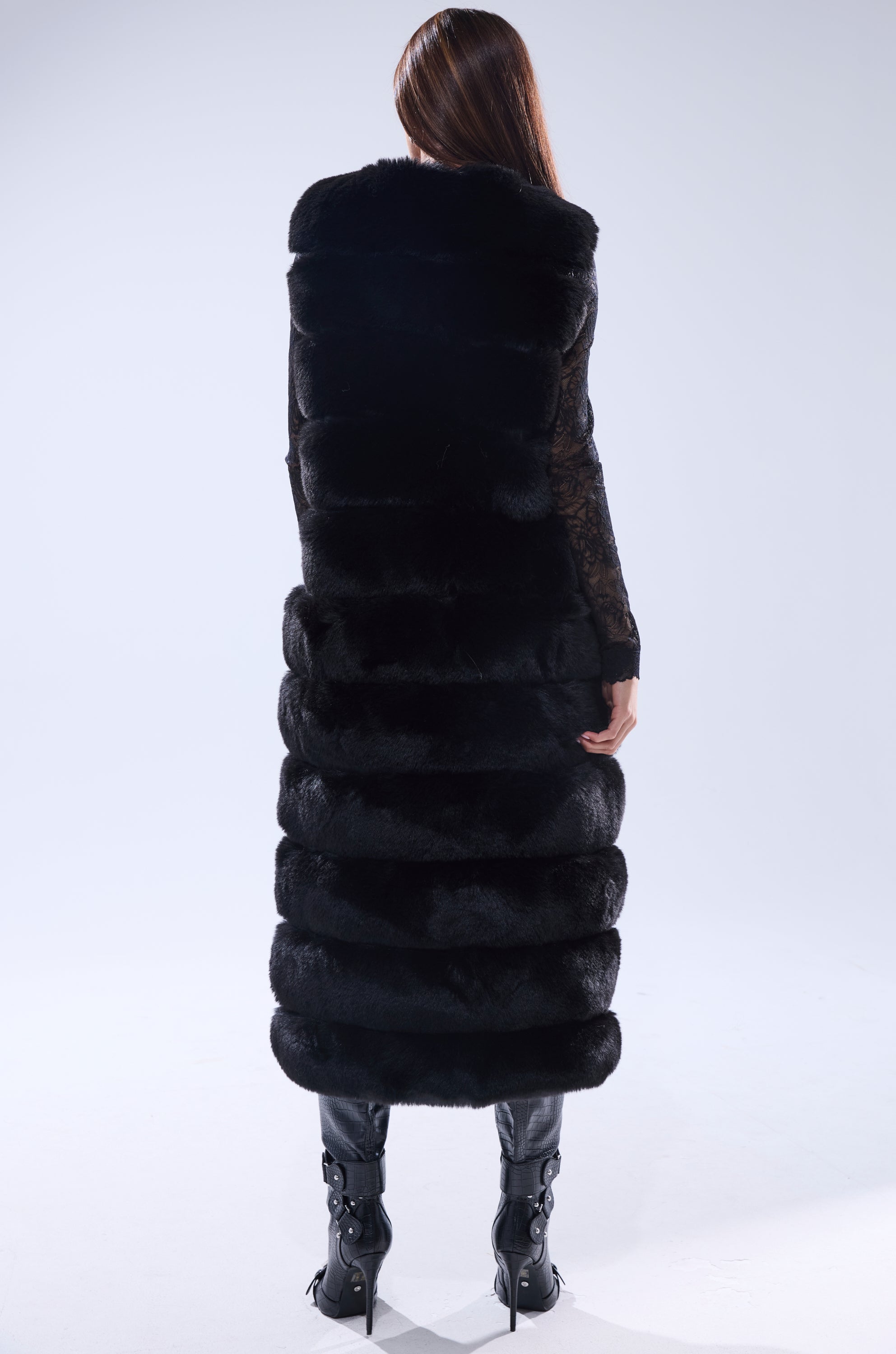 JENNY LIN FAUX FUR MAXI VEST IN BLACK