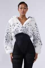 SNOW LEOPARD HOODED FUR BOMBER