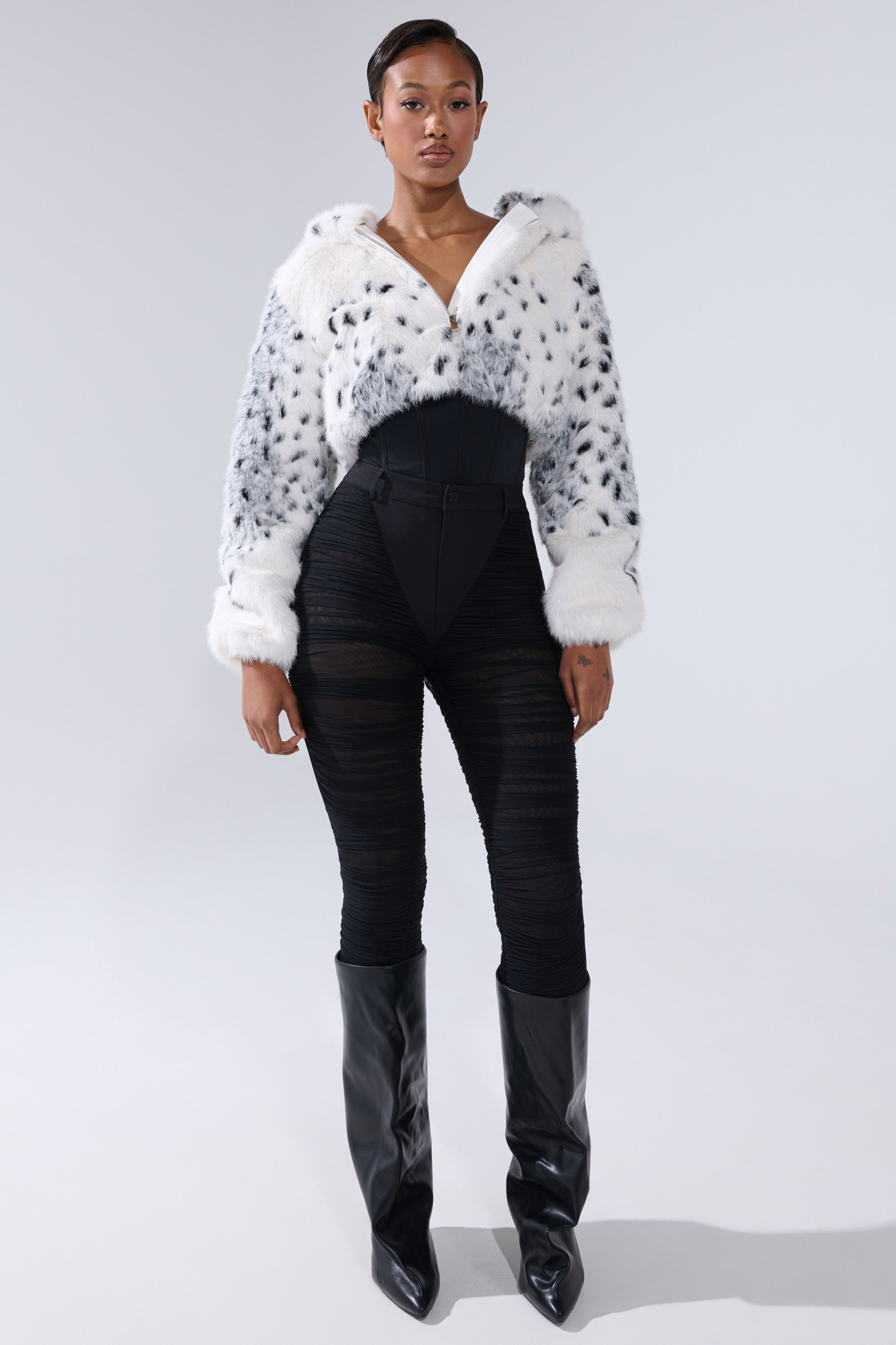 SNOW LEOPARD HOODED FUR BOMBER