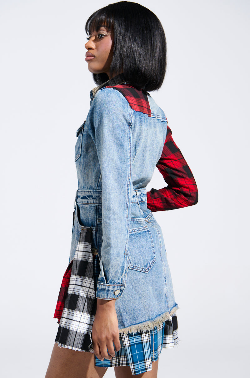 PATCHWORK PLAID DENIM MINI DRESS