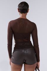 PAXTON RAW HEM LONG SLEEVE MESH TEE IN CHOCOLATE BROWN