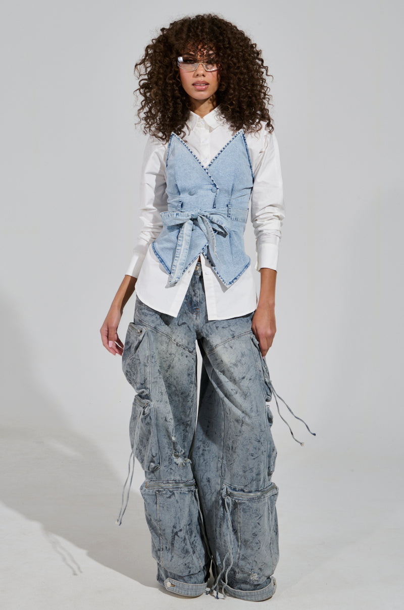 END OF SUMMER FLING DENIM CORSETED BLOUSE