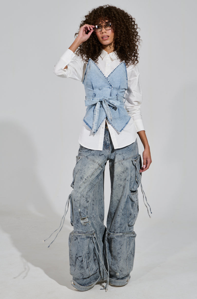 END OF SUMMER FLING DENIM CORSETED BLOUSE