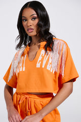 WHATEVER YOU WANT CROPPED RHINESTONE FRINGE TEE