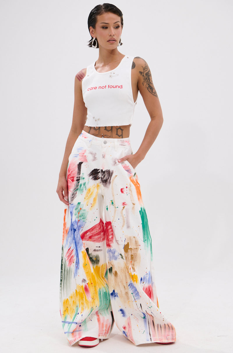 NEVER CARED DISTRESSED CROPPED TANK TOP