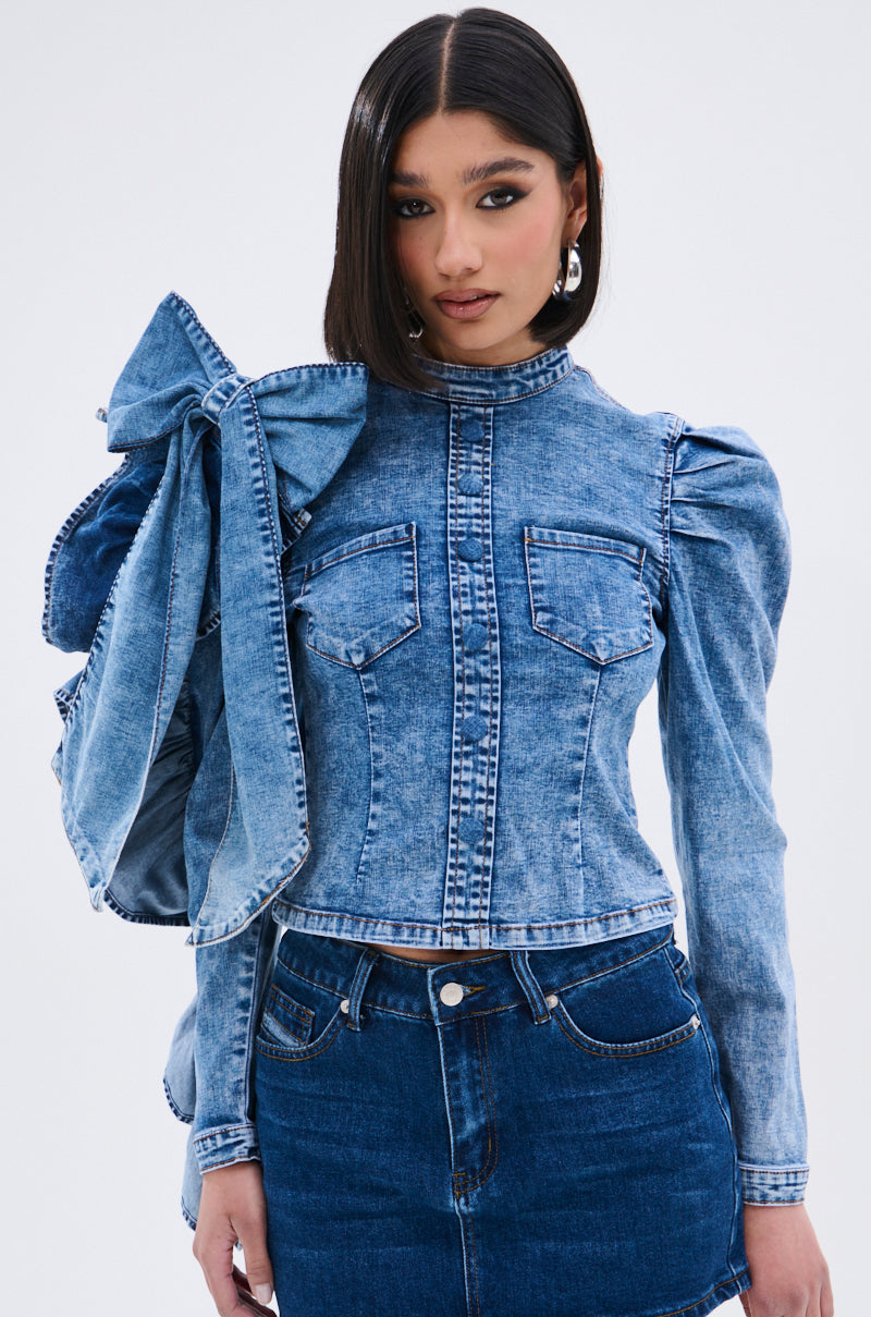 SEIZE THE DAY LONG SLEEVE FLOUNCE MEDIUM BLUE DENIM TOP