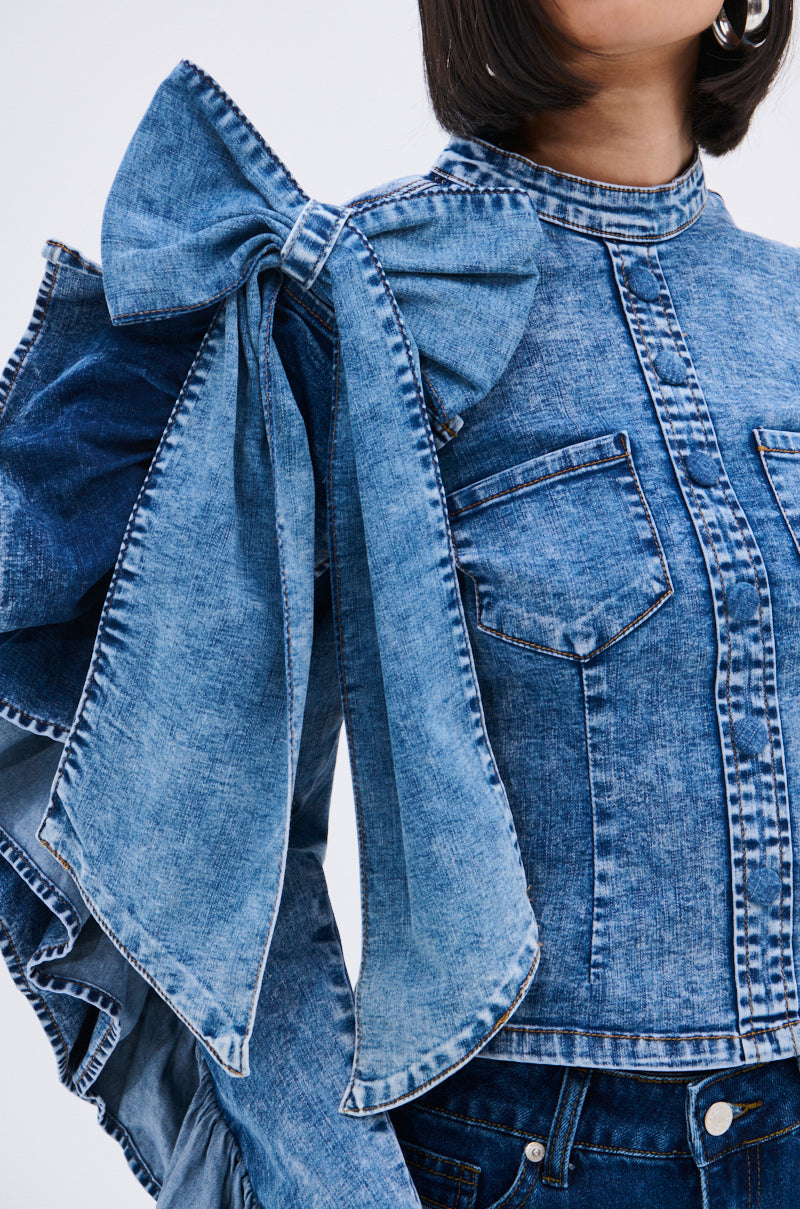 SEIZE THE DAY LONG SLEEVE FLOUNCE MEDIUM BLUE DENIM TOP