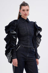 RUFFLED UP LONG SLEEVE DENIM TOP