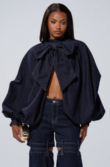 LEAH RUCHED DENIM MOCK NECK TOP IN DARK BLUE DENIM
