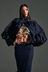 LEAH RUCHED DENIM MOCK NECK TOP IN DARK BLUE DENIM