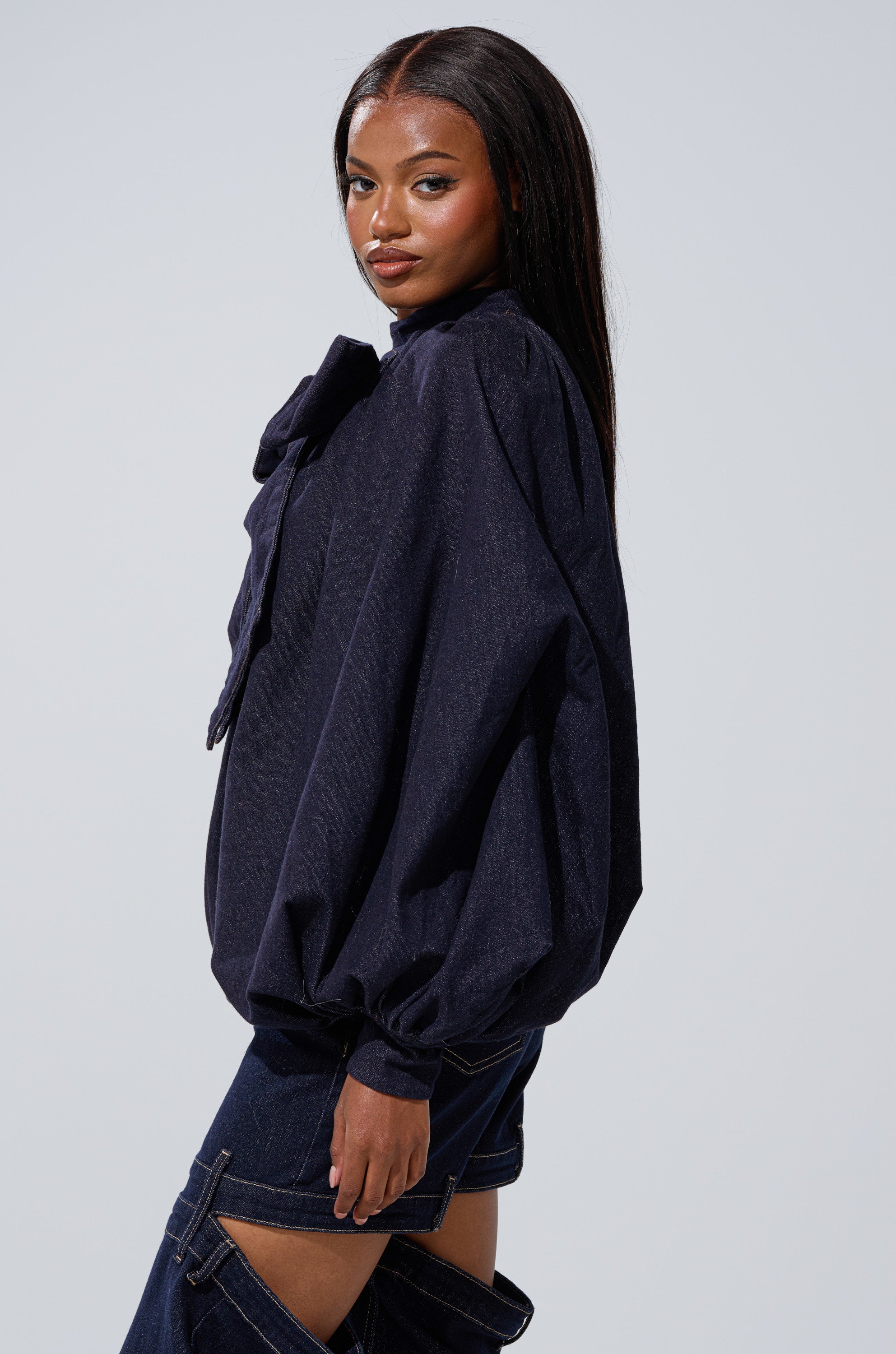 LEAH RUCHED DENIM MOCK NECK TOP IN DARK BLUE DENIM