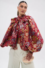 ETHEREAL FLORAL PUFF SLEEVE BROCADE TOP