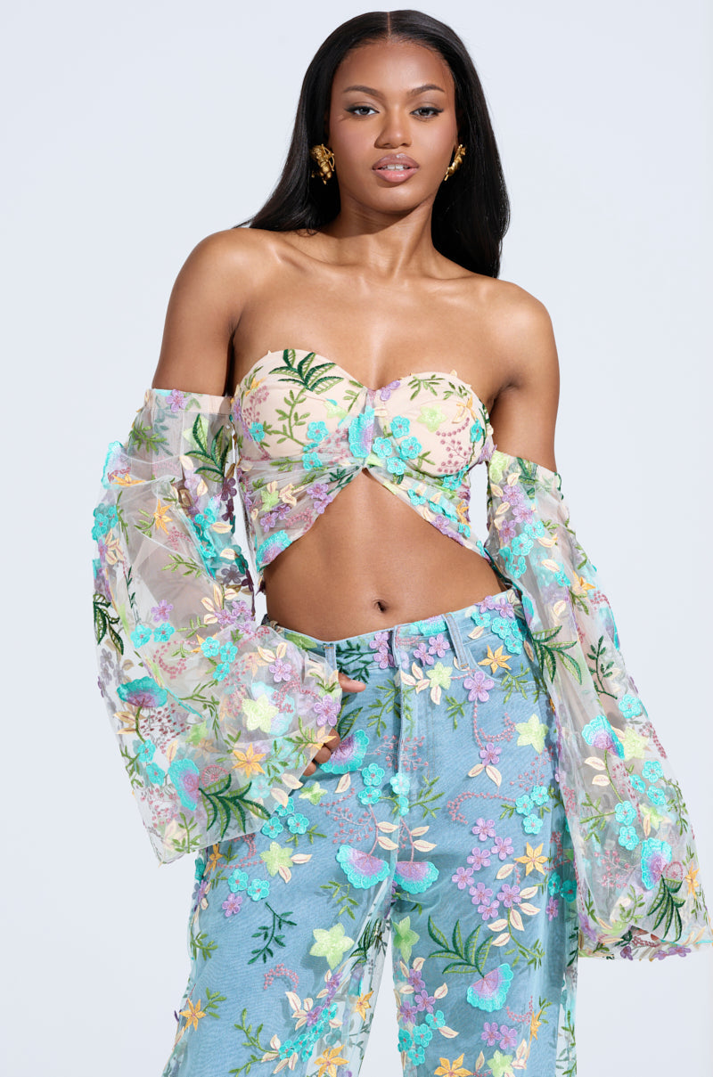 GARDENIA FLORAL EMBROIDERY TULLE TOP