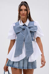 FAITH SHORT SLEEVE DENIM TIE POPLIN BLOUSE TOP