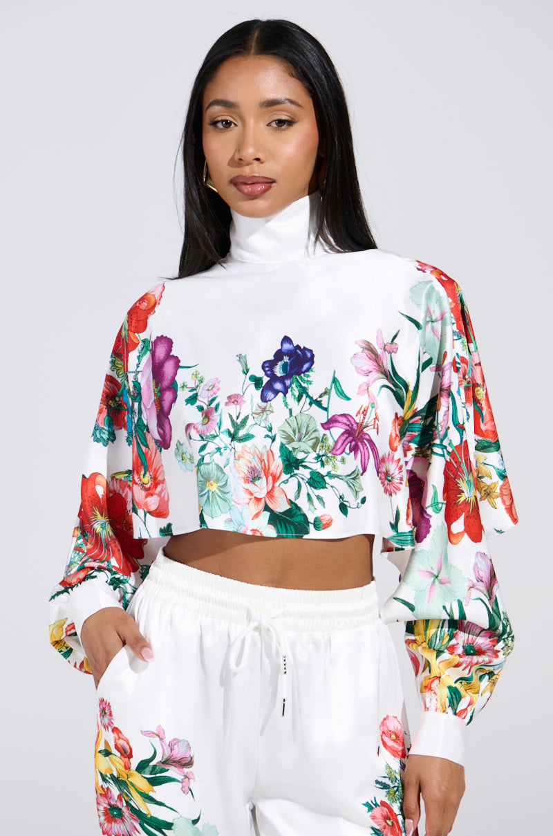 FULL BLOOM SATIN MOCK NECK BLOUSE IN WHITE