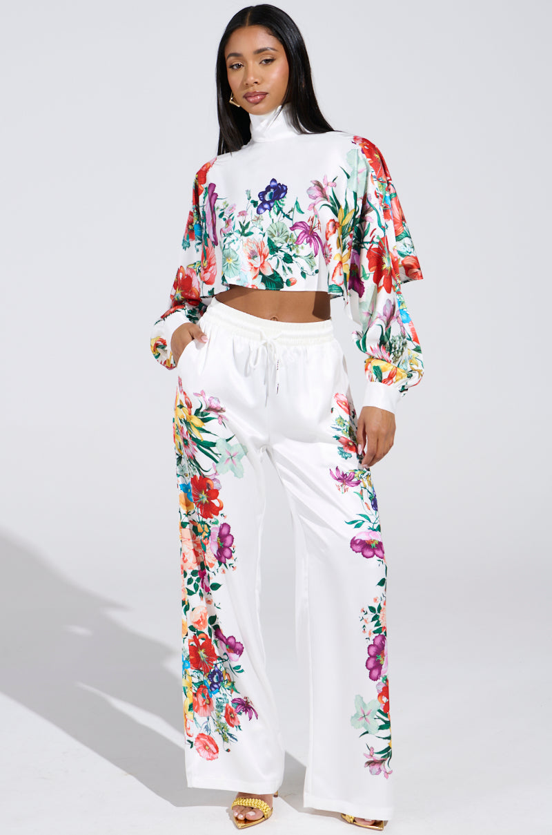 FULL BLOOM SATIN MOCK NECK BLOUSE IN WHITE