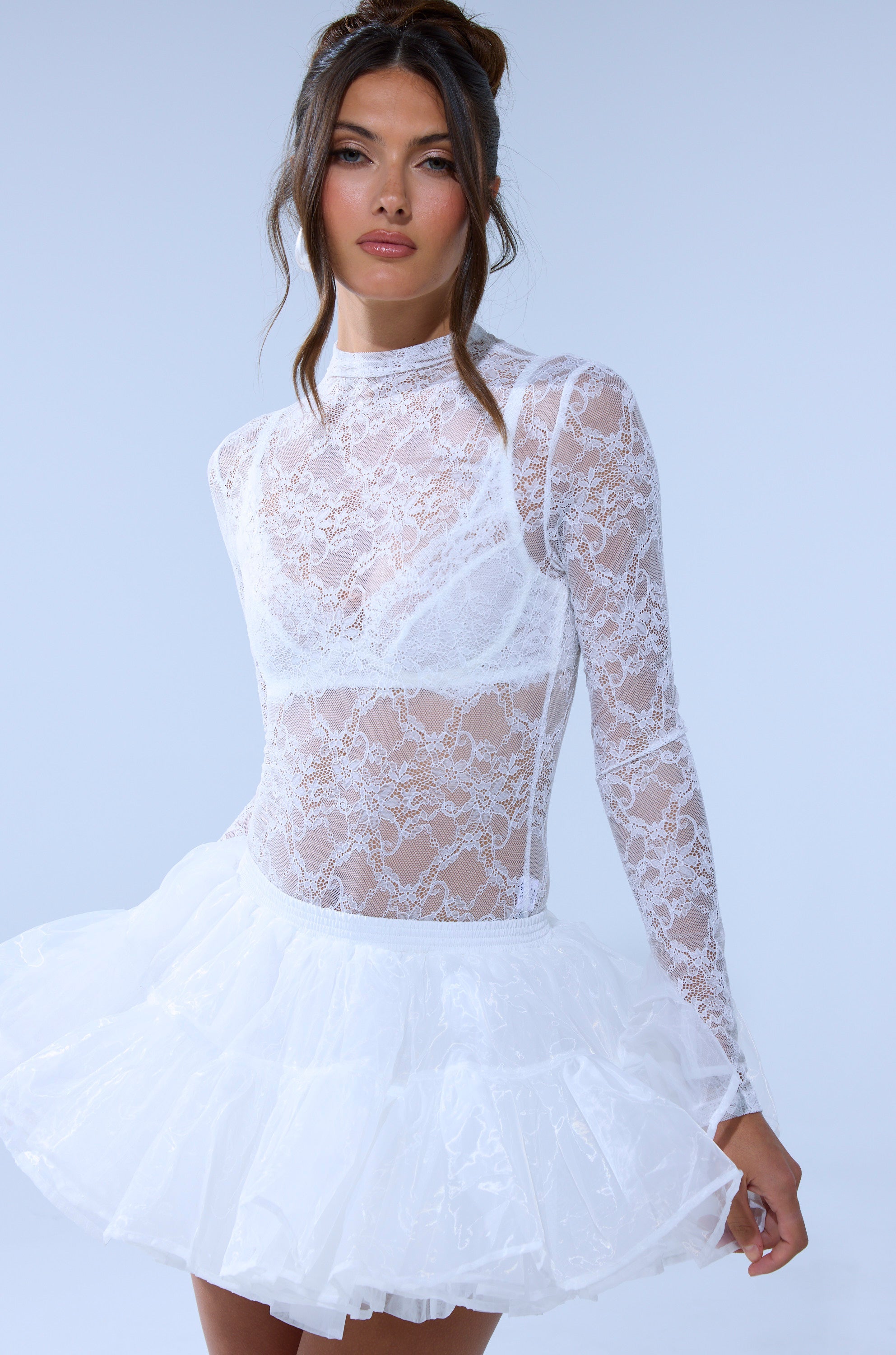 EVERYDAY MOCK NECK LACE BODYSUIT IN WHITE