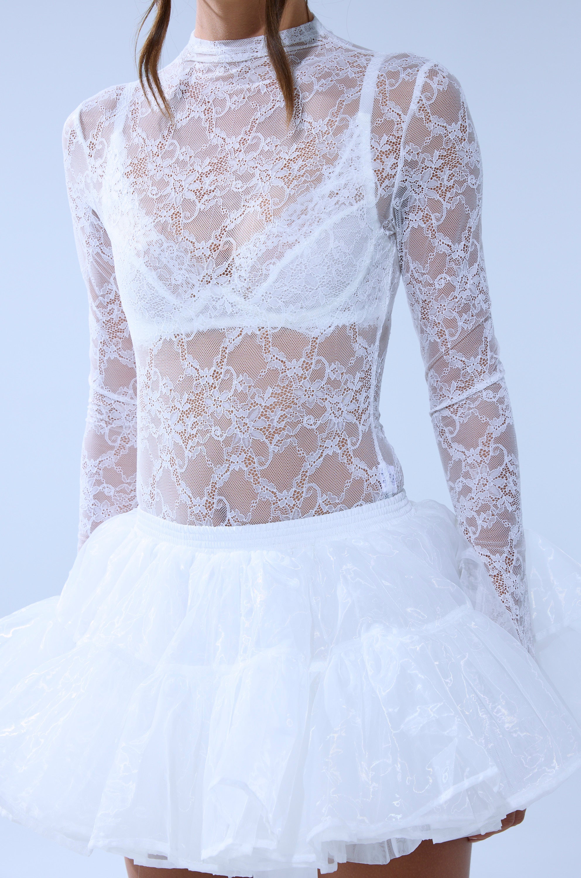 EVERYDAY MOCK NECK LACE BODYSUIT IN WHITE