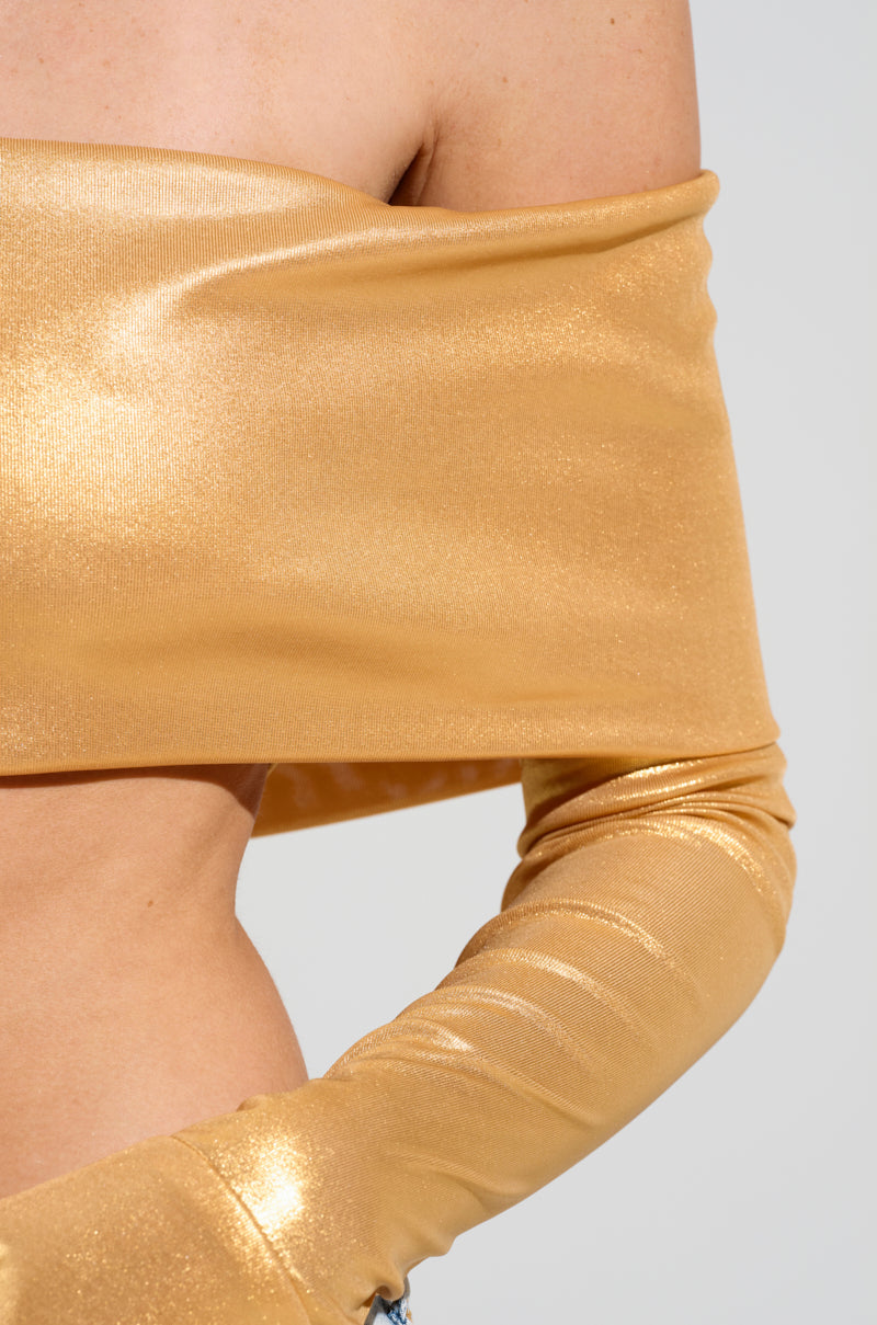 JUST LIKE MAGIC SLINKY OFF THE SHOULDER GLOVED TOP IN GOLD