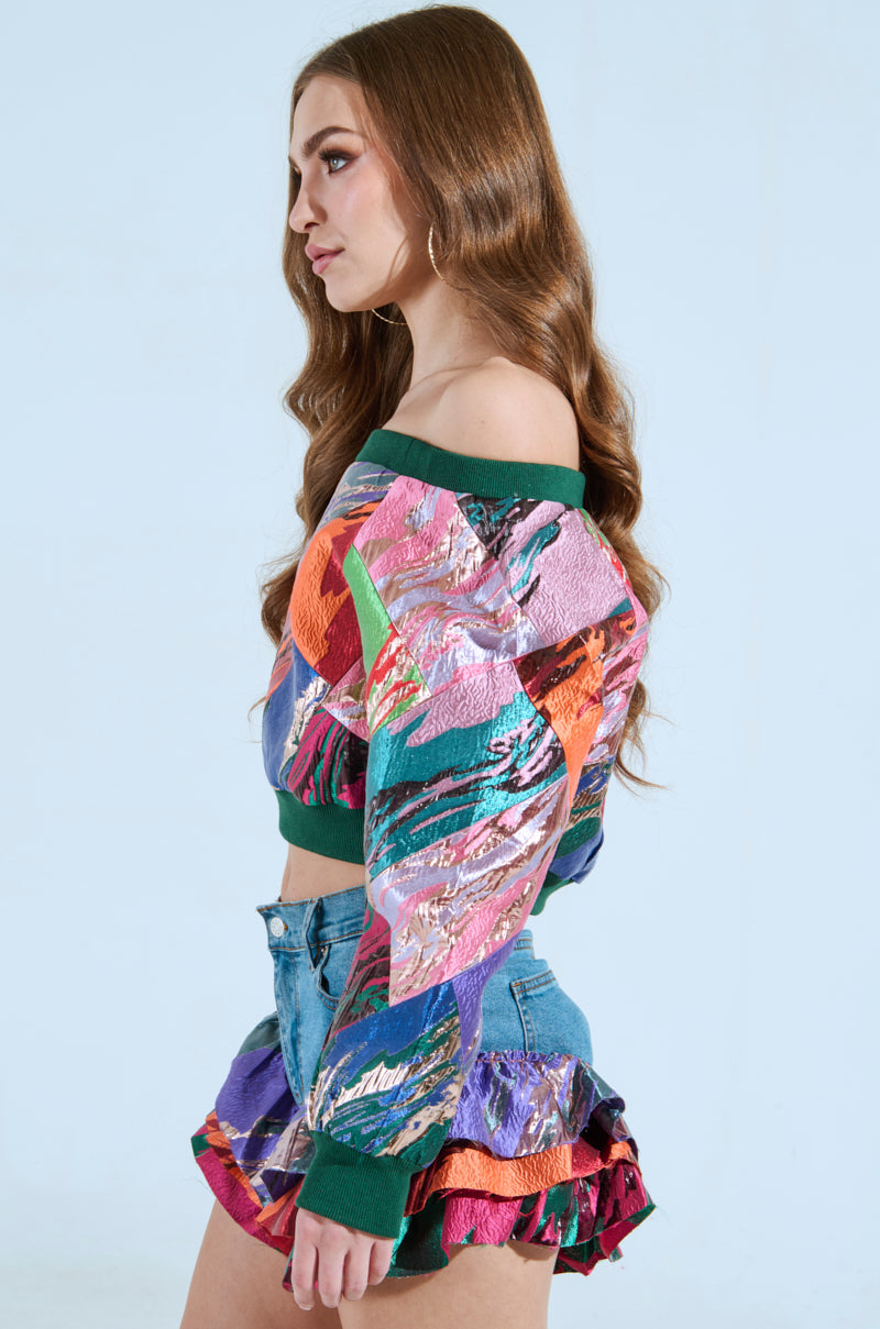 LIFE IS BUT A DREAM OFF THE SHOULDER MULTI PRINT SWEATSHIRT