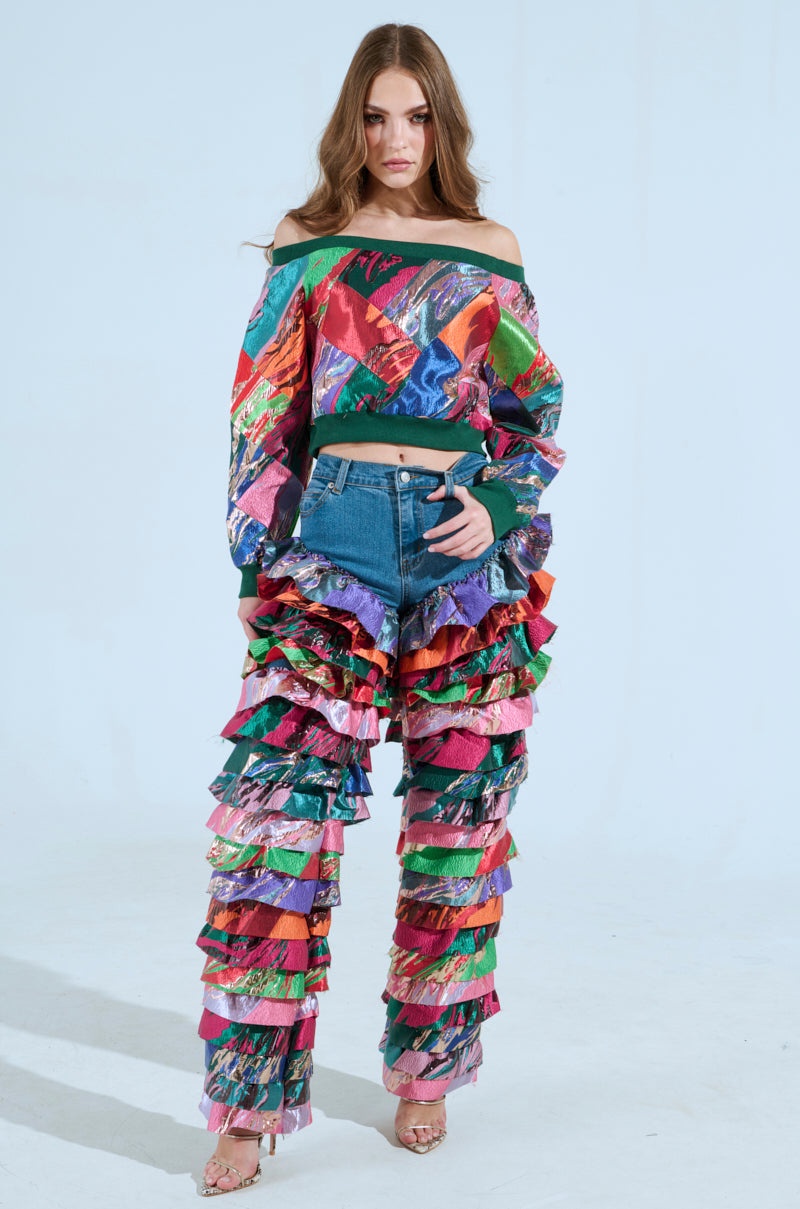 LIFE IS BUT A DREAM OFF THE SHOULDER MULTI PRINT SWEATSHIRT