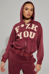 GRAPHIC LANGUAGE MINERAL WASH ZIP UP SWEATSHIRT IN BURGUNDY