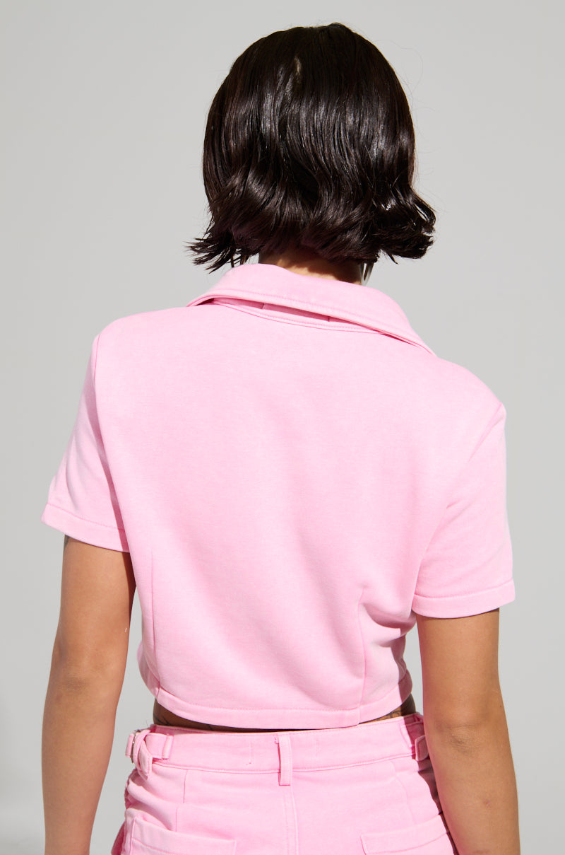 WORK FOR IT MINERAL WASHED CROPPED BUTTON DOWN IN PINK