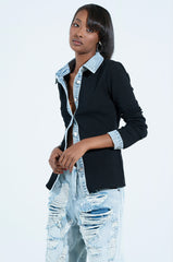 RIB KNIT DENIM TRIM BUTTON DOWN COLLARED SHIRT IN BLACK