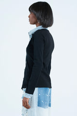 RIB KNIT DENIM TRIM BUTTON DOWN COLLARED SHIRT IN BLACK