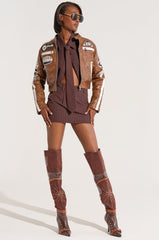 STRAIGHT TO BUSINESS PINSTRIPE MINI SKIRT IN BROWN