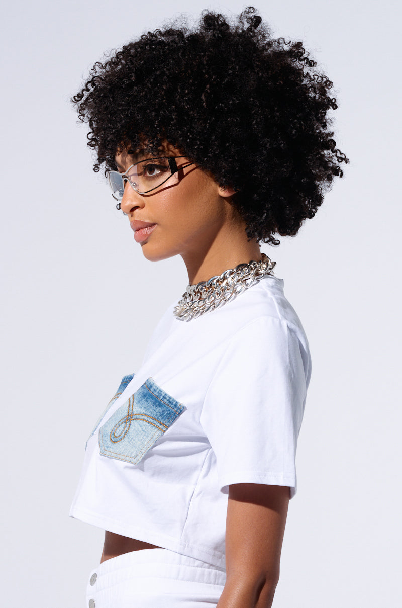 NEVER ALONE TEE WITH DENIM PATCH