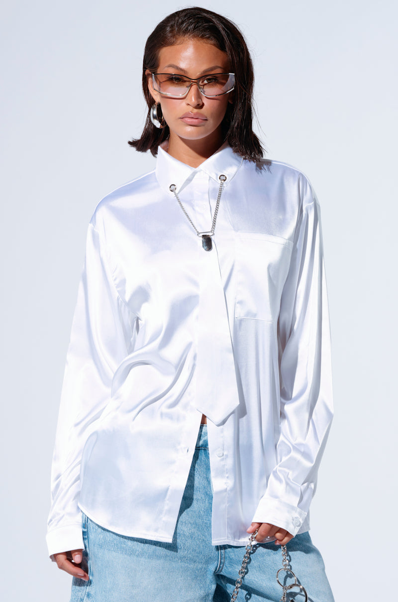 DIAMOND BRIGHT BUTTON DOWN SATIN BLOUSE