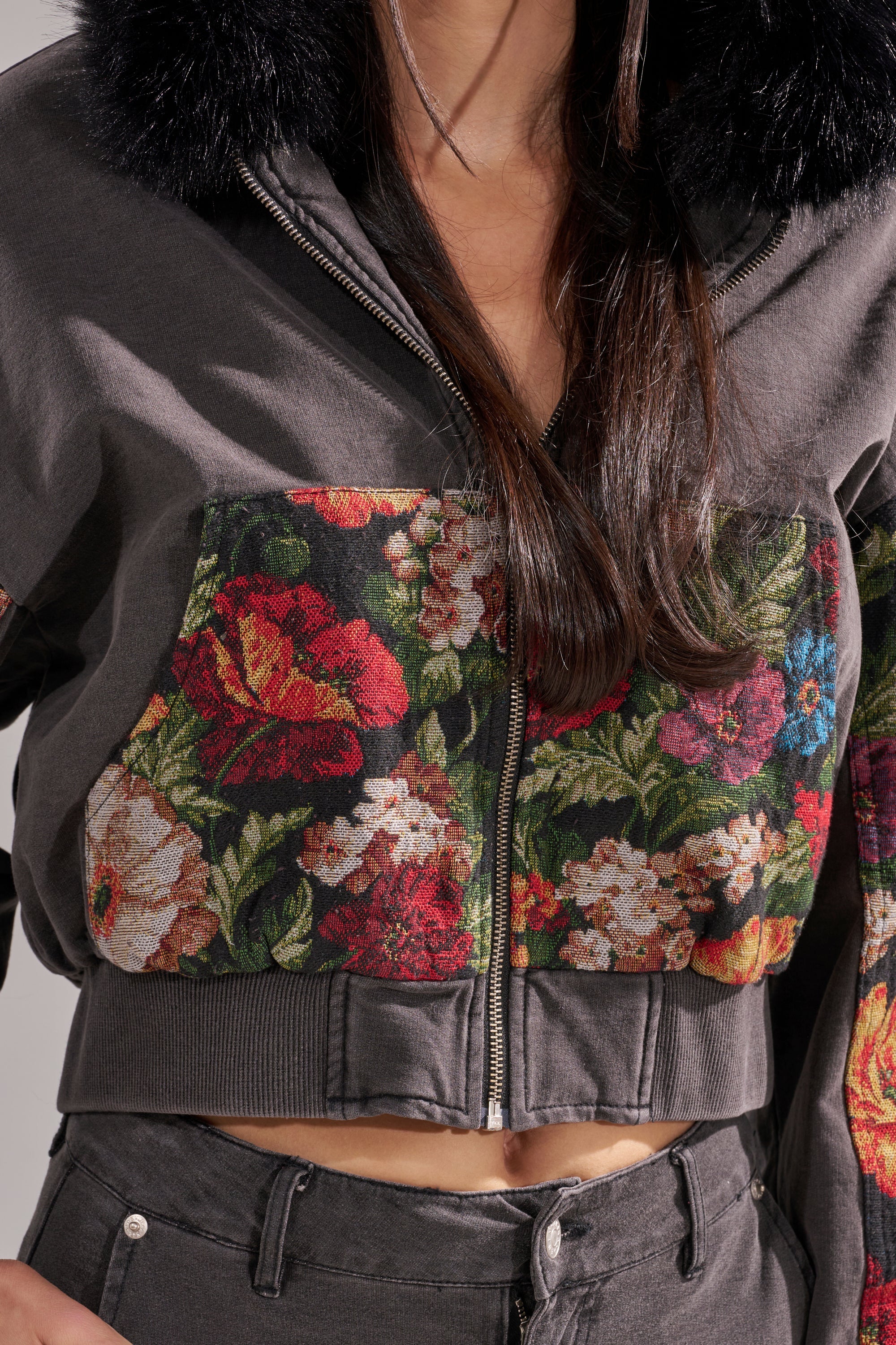TRY ME FLORAL DENIM ZIP UP SWEATSHIRT