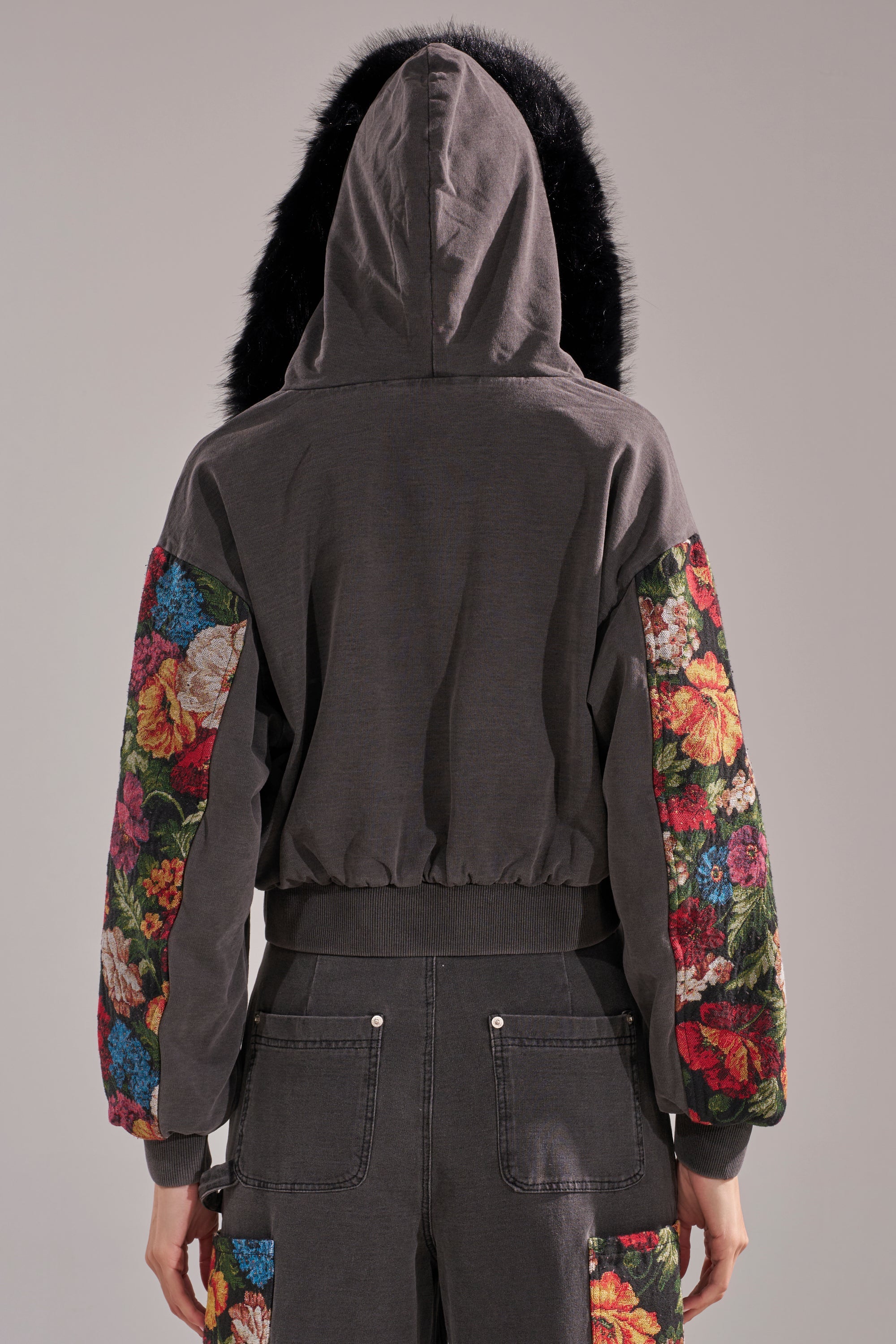 TRY ME FLORAL DENIM ZIP UP SWEATSHIRT