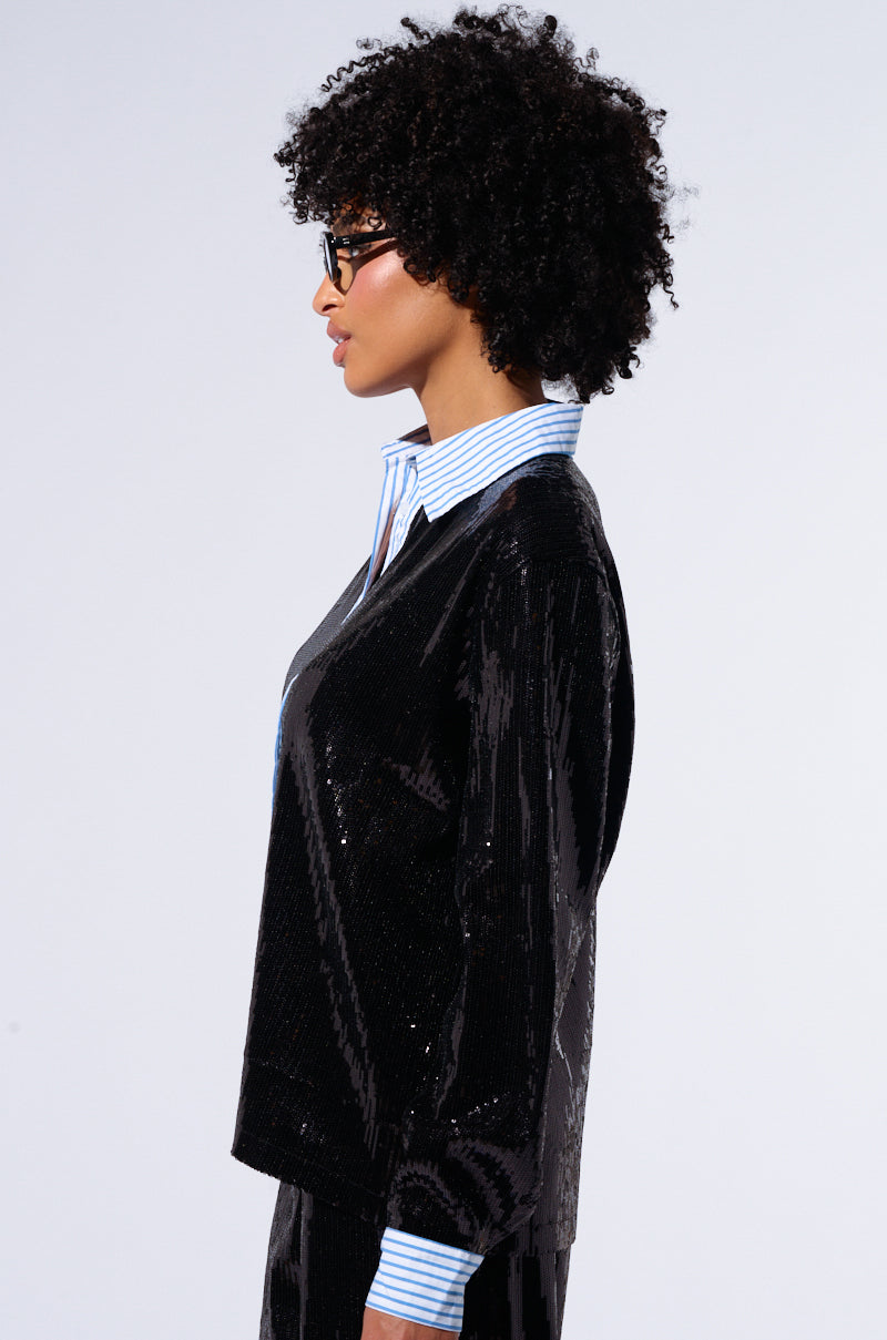TRUE STORY SEQUIN BUTTON DOWN BLOUSE