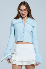 ANGEL EYES FUR TRIM CARDIGAN IN BLUE