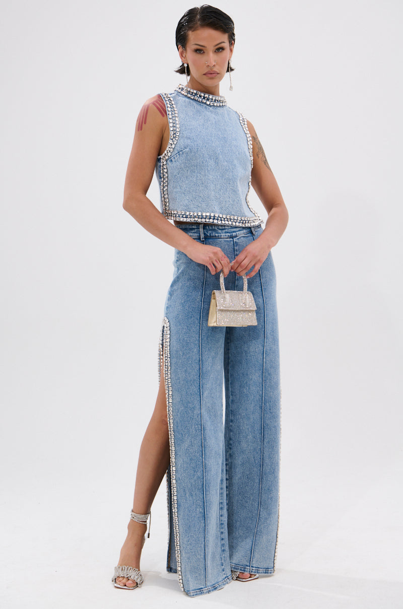 POPPING OUT RHINESTONE DENIM BLOUSE