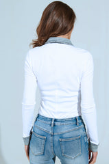 KAYLEE DENIM TRIM RIB KNIT BODYSUIT IN WHITE