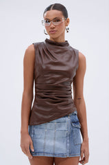 LOCKED AND LOADED FAUX LEATHER BLOUSE IN CHOCOLATE BROWN