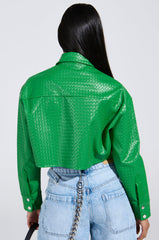 TOO EXPENSIVE FOR YOU WOVEN PU CROPPED BUTTON UP SHIRT