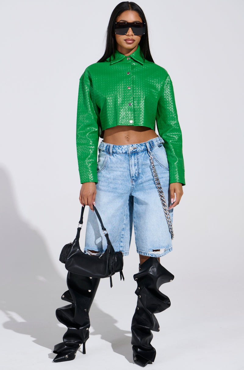 TOO EXPENSIVE FOR YOU WOVEN PU CROPPED BUTTON UP SHIRT