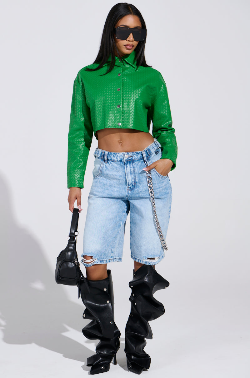 TOO EXPENSIVE FOR YOU WOVEN PU CROPPED BUTTON UP SHIRT