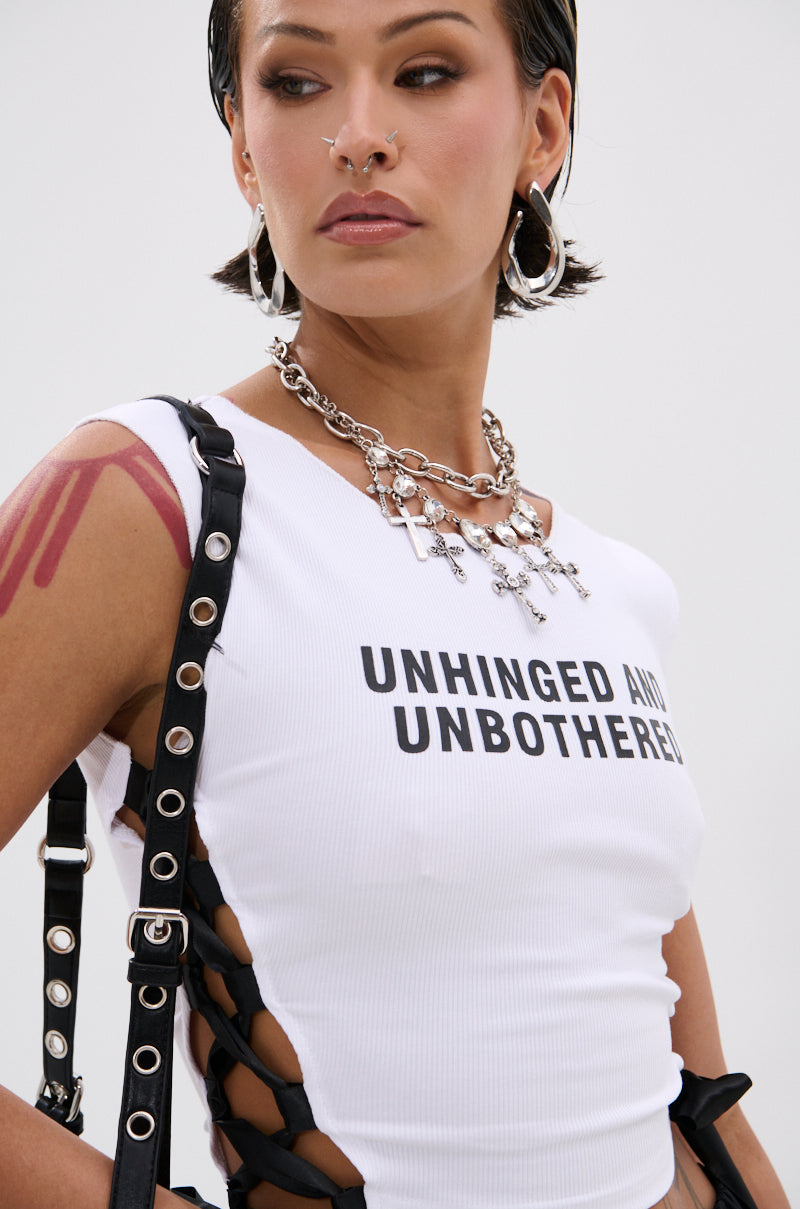 UNHINGED AND UNBOTHERED SIDE LACE CROPPED TEE
