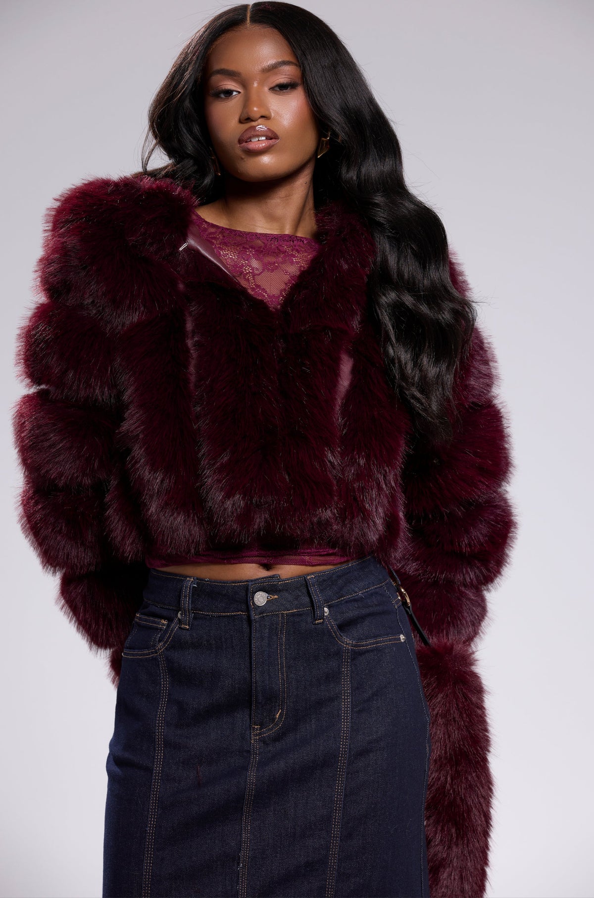 JOLENE FAUX FUR COAT IN BURGUNDY