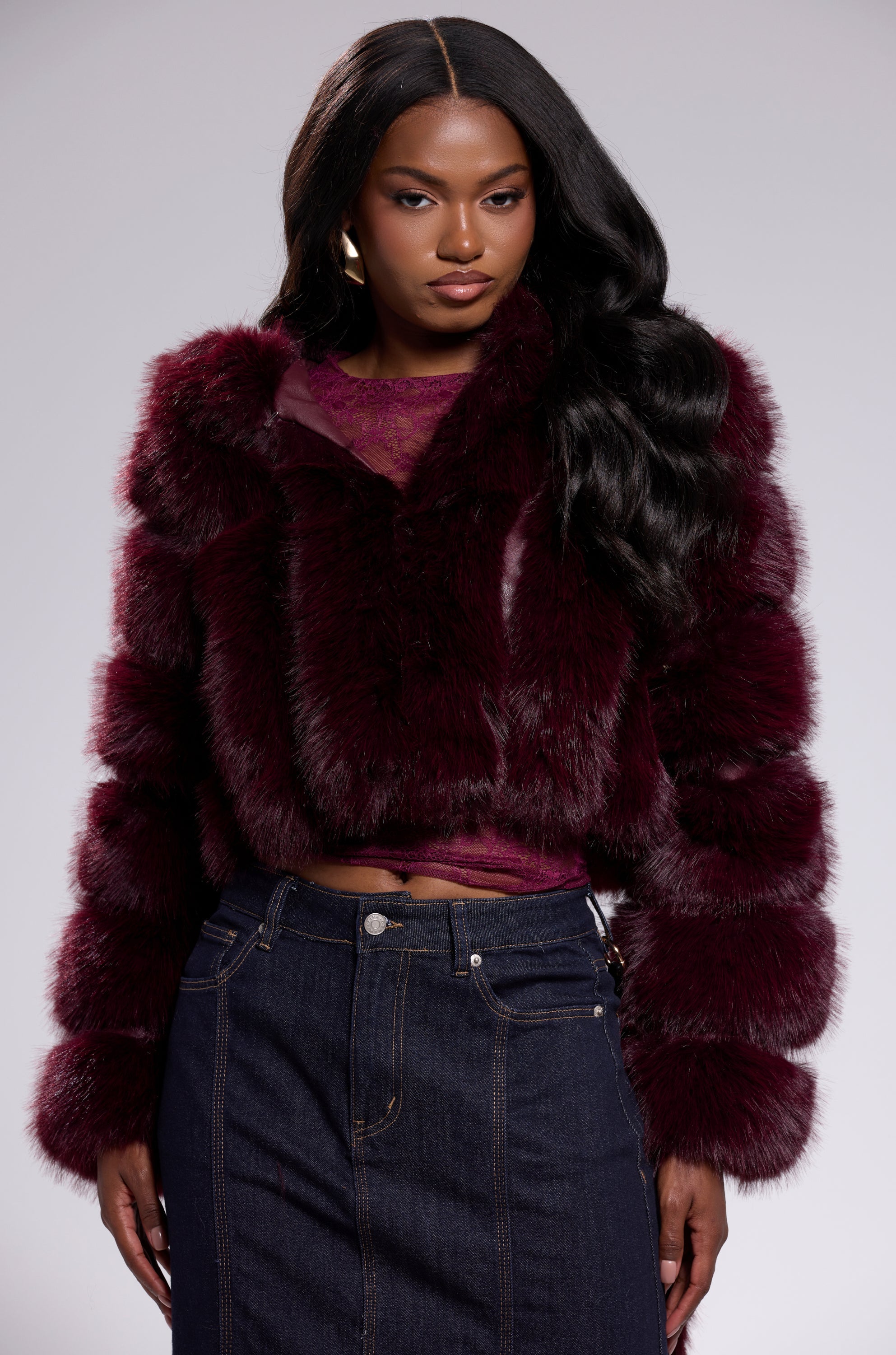 JOLENE FAUX FUR COAT IN BURGUNDY