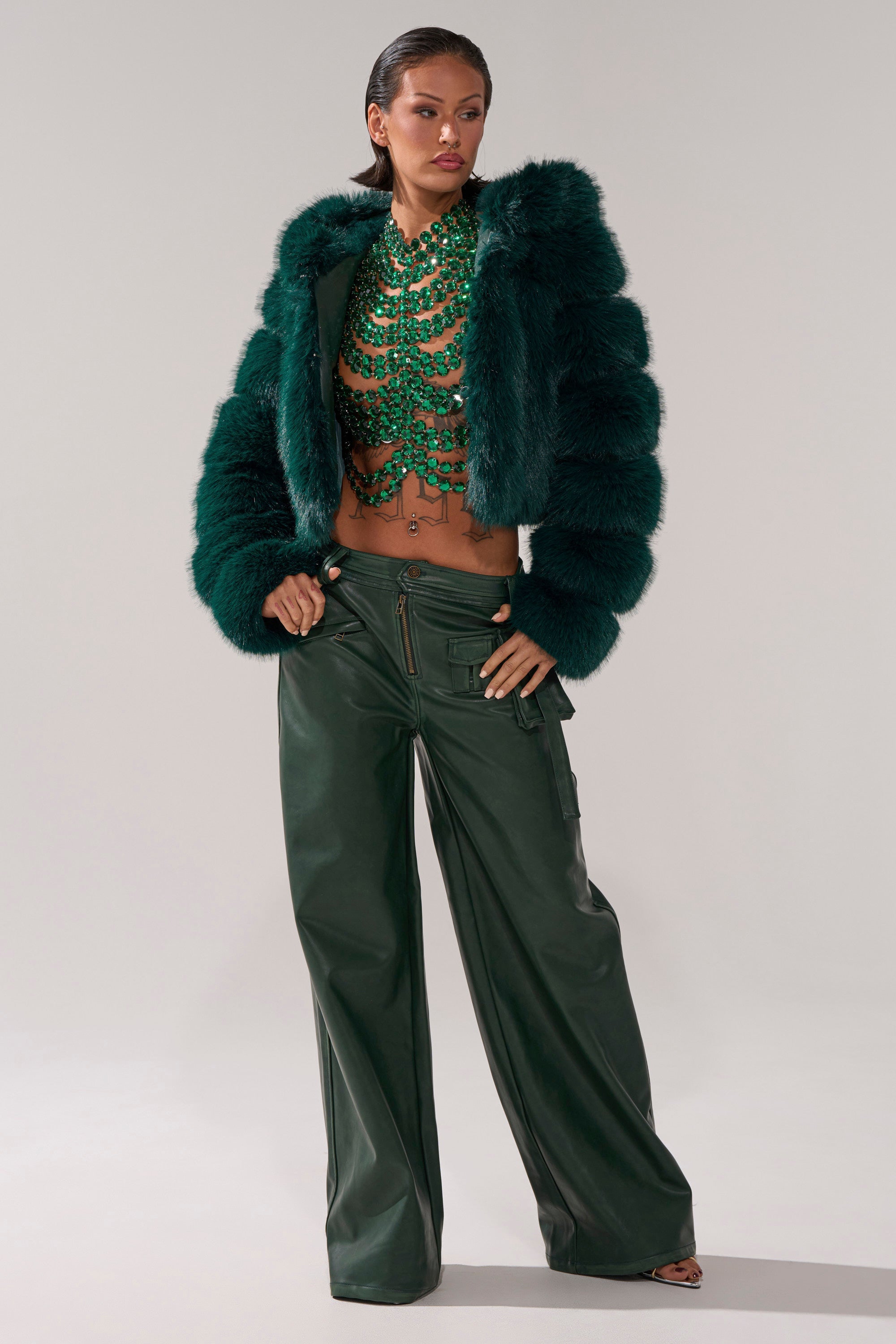 JOLENE FAUX FUR COAT IN EMERALD GREEN
