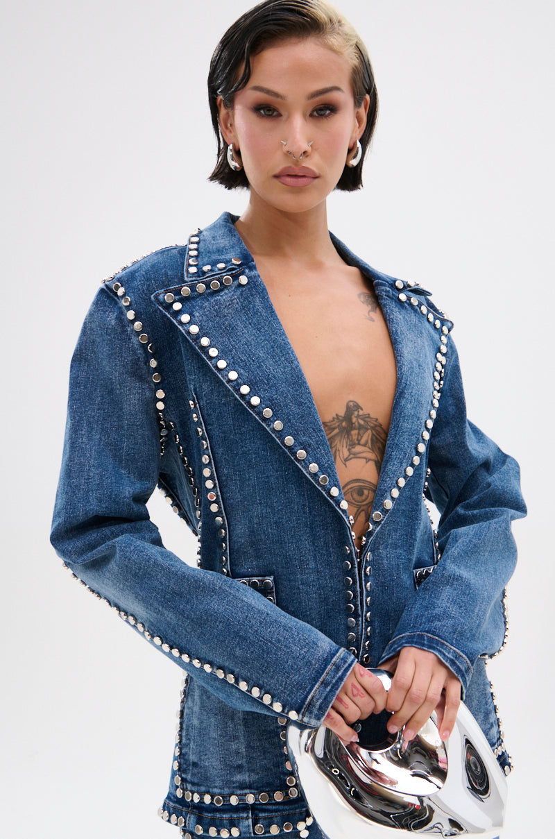MY OWN THING STUDDED DENIM BLAZER