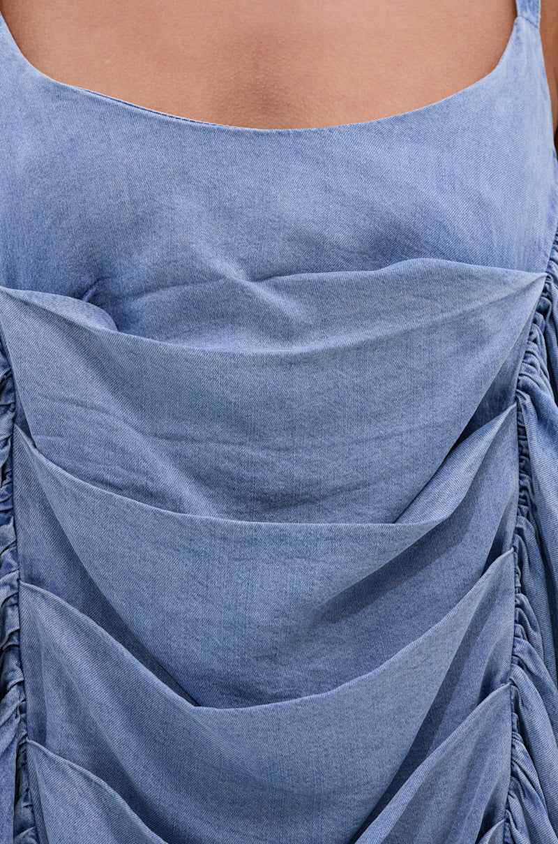 SMOOTH OPERATOR RUCHED MIDI DRESS IN DENIM