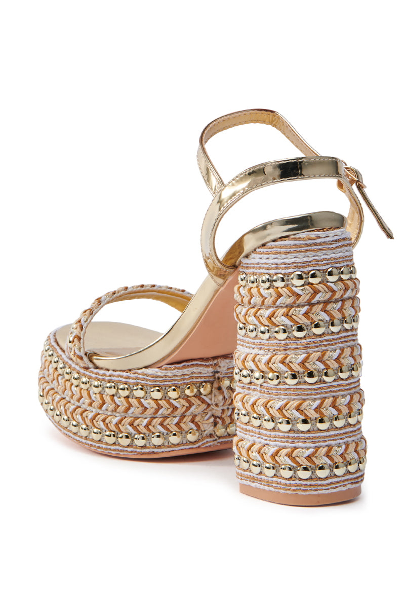 AZALEA WANG JUDSON GOLD RAFFIA AND GEMS PLATFORM SANDAL